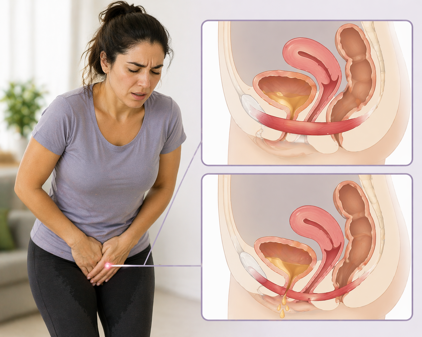 דליפת שתן אצל אישה כתוצאה מחולשה ברצפת האגן עם המחשה של מבנה האגן