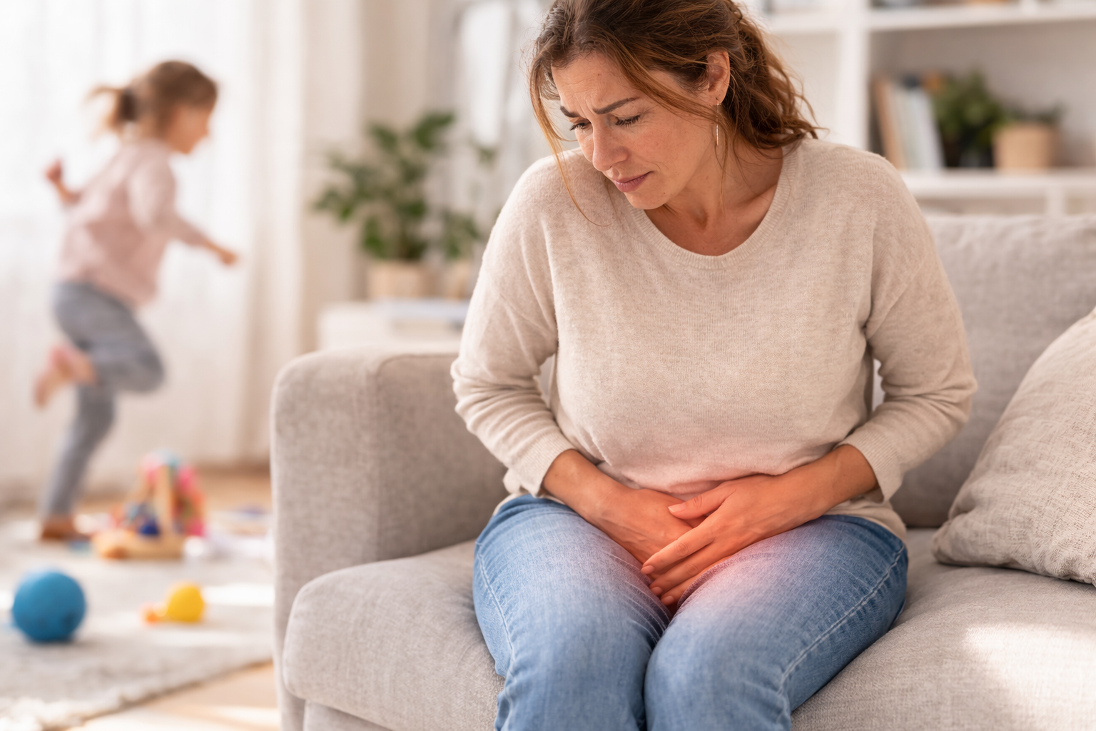 אישה הסובלת מבריחת שתן במאמץ בזמן פעילות או לחץ על שלפוחית השתן