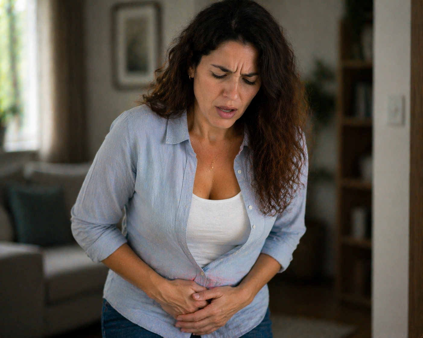 אישה חווה דחיפות וכאב באגן בזמן עמידה בבית כתוצאה מחולשה ברצפת האגן